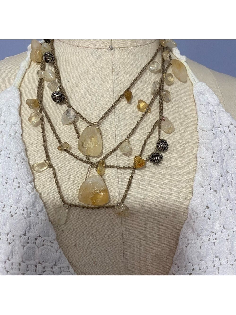Handmade Citrine Stone Crochet Lariat Necklace Wrap Yellow Gemstone Boho 39”